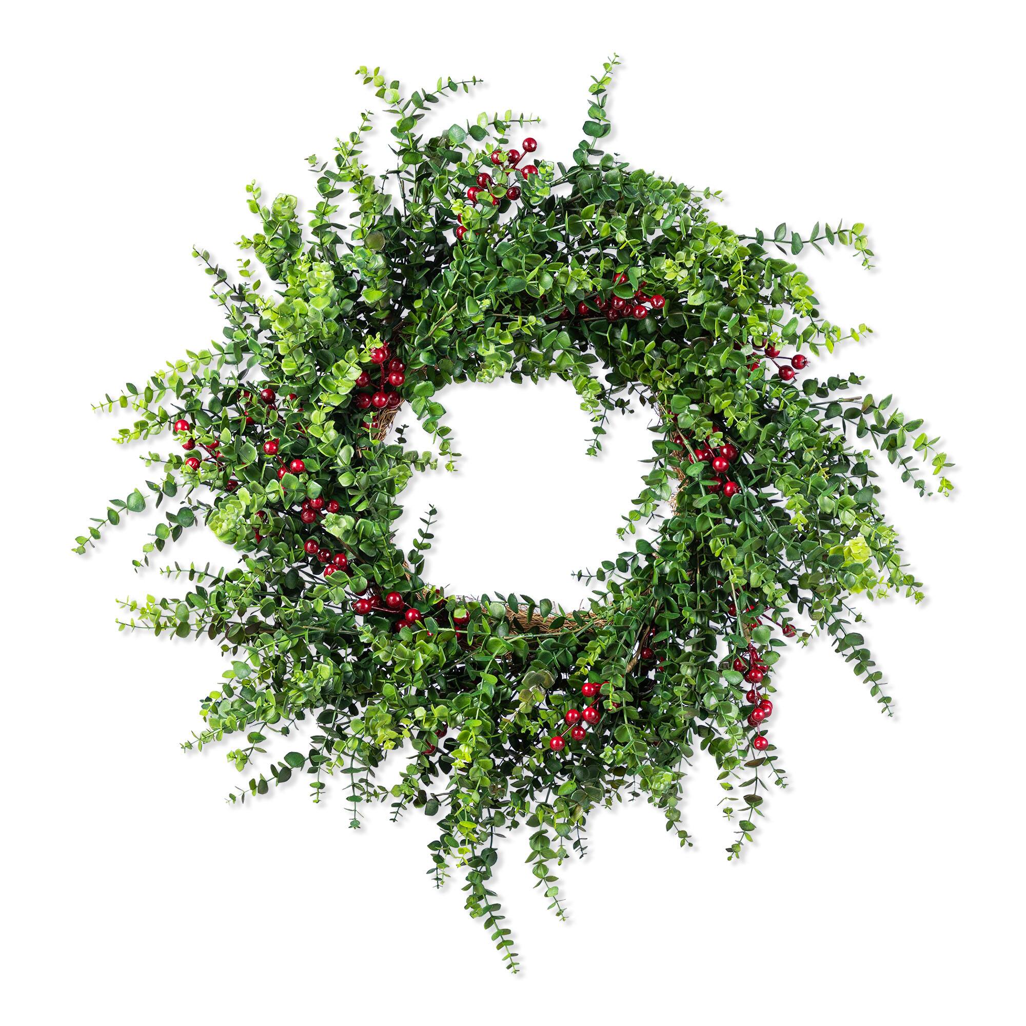 Glitzhome® 28"D Christmas Greenery PE Eucalyptus Wreath with Red Berries